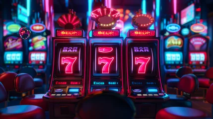 Fotobehang A casino with three slot machines with neon lights and the numbers 1 through 7. The casino is brightly lit and has a neon atmosphere © Alina Tymofieieva