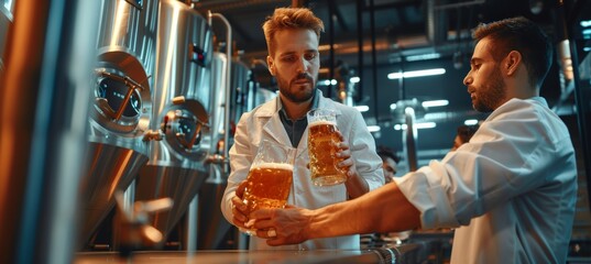 Modern stainless steel brewery lab with technicians for precise scientific beer production