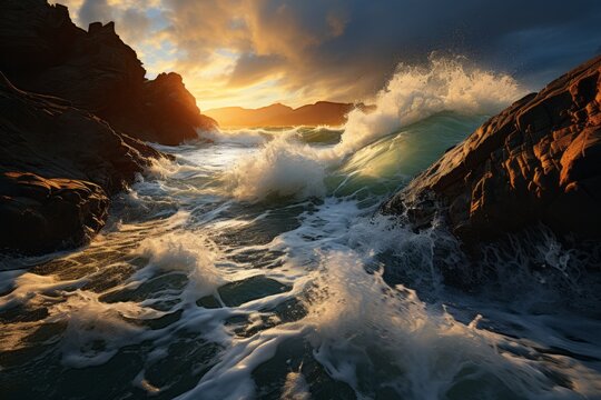 The clouds paint the sky at sunset as waves crash against the rocks
