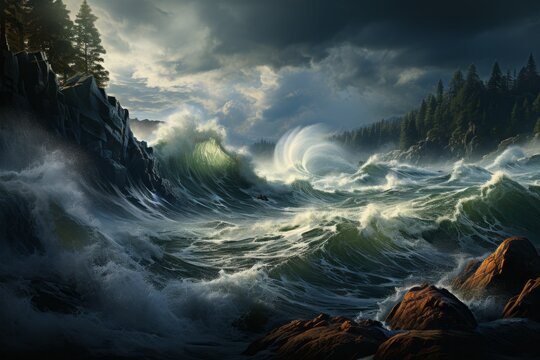 A dramatic painting of waves crashing on rocky shore under a stormy sky