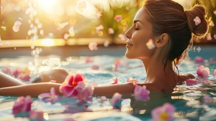 Obraz na płótnie Canvas Beautiful young caucasian woman is enjoying a leisurely bath in a swimming pool surrounded by colorful flowers, feeling happy and relaxed, beauty and body care