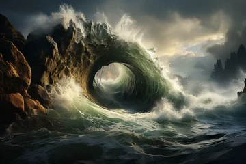Poster A massive wave collides with a rugged cliff in the ocean under a cloudy sky © 昱辰 董