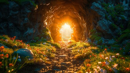 Obraz premium Empty tomb with stone rocky cave and light rays bursting from within. Easter resurrection of Jesus Christ. Christianity, faith, religious, Christian Easter concept