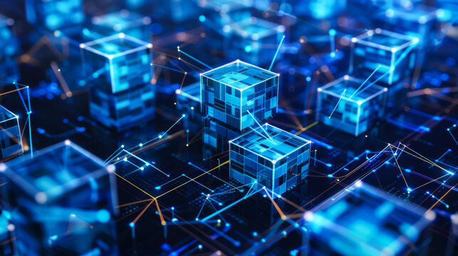 A computer chip is shown in a close up with a red and blue color scheme. The image is of a computer chip that is made up of many small squares