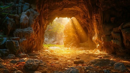 Empty tomb with stone rocky cave and light rays bursting from within. Easter resurrection of Jesus Christ. Christianity, faith, religious, Christian Easter concept