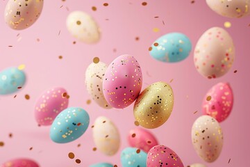 Easter background with colorful eggs and confetti.