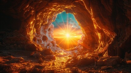 Empty tomb with stone rocky cave and light rays bursting from within. Easter resurrection of Jesus Christ. Christianity, faith, religious, Christian Easter concept - obrazy, fototapety, plakaty