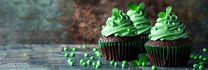 Chocolate cupcakes with mint and chocolate on a dark wooden background - obrazy, fototapety, plakaty