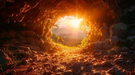 Empty tomb with stone rocky cave and light rays bursting from within. Easter resurrection of Jesus Christ. Christianity, faith, religious, Christian Easter concept