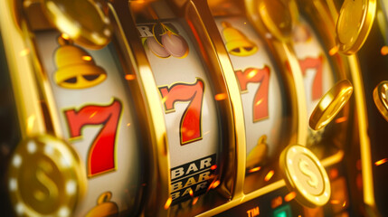 A Bar Bar Bar 7 slot machine with three reels. The reels are lit up and the machine is surrounded by sparks