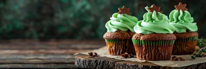 Banana bread cupcakes with green buttercream frosting and nuts on wooden background. - obrazy, fototapety, plakaty