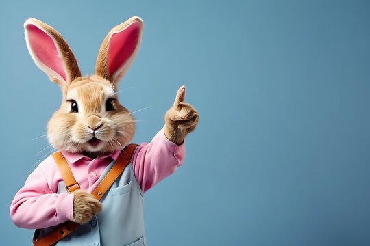 Cute funny rabbit in pink shirt and bow tie pointing finger, copy space background