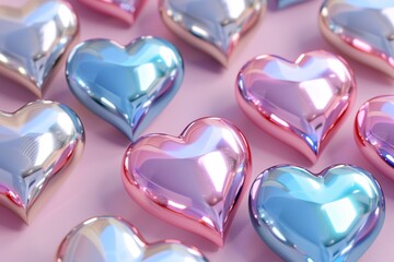Obraz premium Colorful shiny hearts on a pink background. 3d rendering.