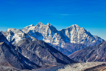 Stunning panorama of Khumbu Glacier with the twin peaks of Thamserku and Kangtega visible from the...