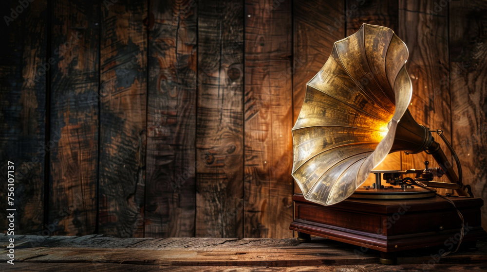 Wall mural a vintage record player sits on a wooden table. the record player is surrounded by a warm, cozy atmo