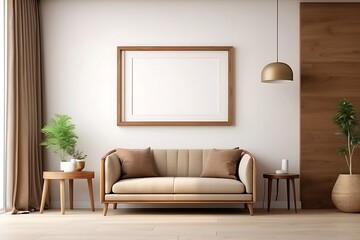 Interior of modern living room with white walls, wooden floor, beige armchairs