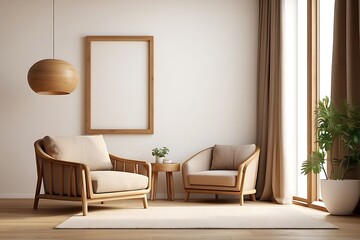 Interior of modern living room with white walls, wooden floor, beige armchairs