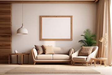 Interior of modern living room with white walls, wooden floor, beige armchairs