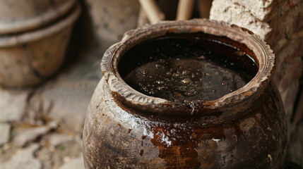 A cracked clay pot filled with a dark pungent liquid a traditional medicine made from fermented herbs and used to boost immunity.
