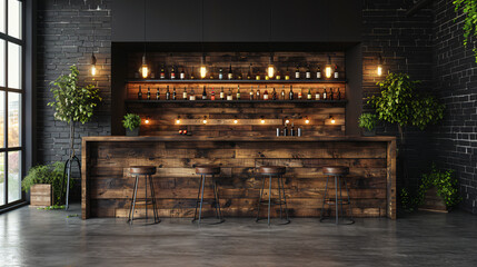 bar in a modern house, made of wood, with chairs at the bar.