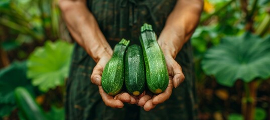 Hand holding zucchini with selection on blurred background, copy space available