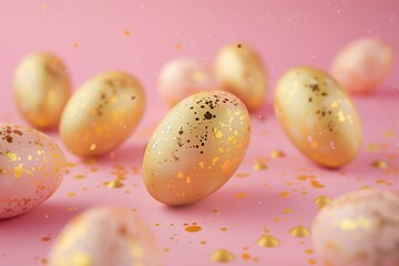 Obraz premium Golden easter eggs on pastel pink background with sparkles.