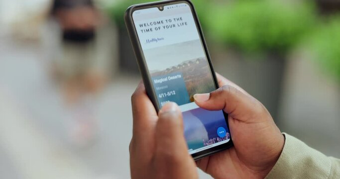 Travel, phone and hands with holiday blog scroll for vacation, accommodation and booking outdoor. Tech, website and screen with research for international trip with app, info and online article