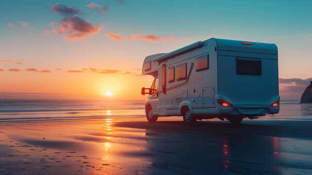 A white camper van is parked on the beach at sunset. The sky is filled with clouds and the sun is setting, creating a beautiful and serene atmosphere