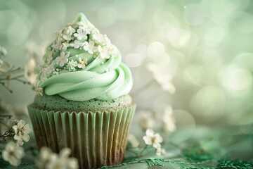 Cupcake with green cream and spring flowers on a green background