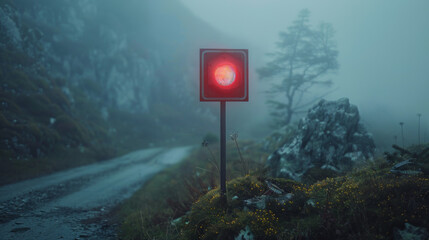 A lone red stoplight illuminates a foggy mountain road, creating a haunting, mysterious atmosphere.