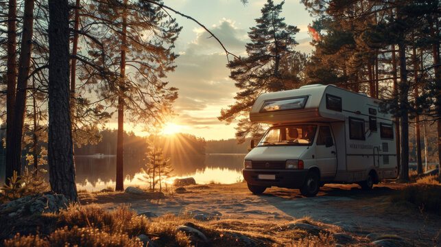 A white camper van is parked by a lake at sunset. The scene is peaceful and serene, with the sun setting in the background and the water reflecting the colors of the sky