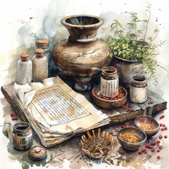 botanical illustration with plants chinese medicine and cosmetics