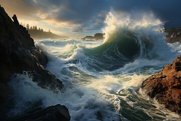 A powerful wave crashes against the rocky shore under a cloudy sky - obrazy, fototapety, plakaty