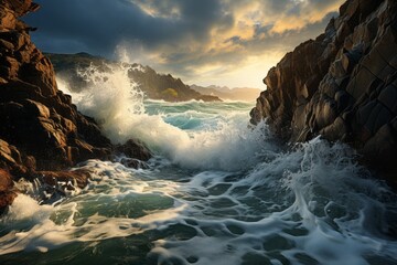 Water surges against rugged shore, creating a dramatic natural landscape