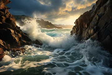 Foto op Aluminium Water surges against rugged shore, creating a dramatic natural landscape © 昱辰 董
