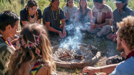 A group of people gathered in a circle with their eyes closed participating in a Native American smudging ritual to cleanse the mind body and spirit.
