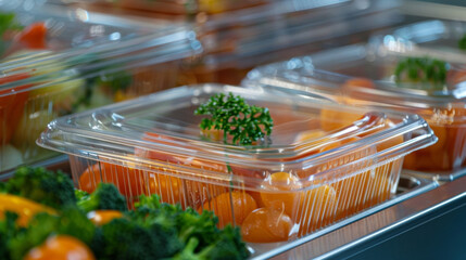 A detailed shot of a bioplastic food container made from plantbased materials showcasing its potential to reduce the use of fossil fuels in traditional plastic production.