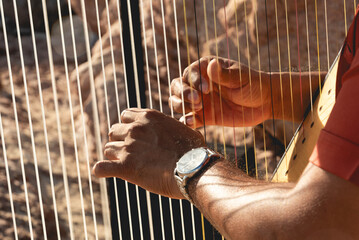Close up of harp instrument being played