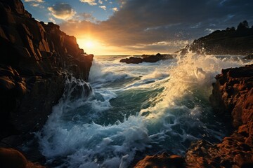 The waters waves crash against rocks as the sun sets - Powered by Adobe