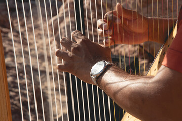 Close up of harp instrument being played
