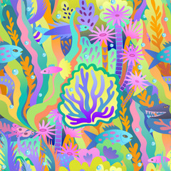 Fototapeta na wymiar Abstract coral reef illustration. Colorful seamless pattern with neon and psychedelic bright colors. Vector decorative background.