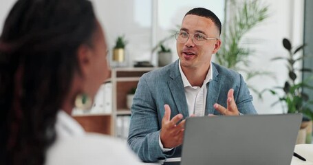 Meeting, interview and business people in office for with laptop for recruitment, hiring and consulting. Corporate, discussion and hr worker with candidate on computer for talking, review or feedback - Powered by Adobe