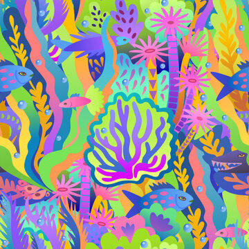 Abstract coral reef illustration. Colorful seamless pattern with neon and psychedelic bright colors. Vector decorative background.