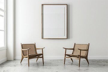 Living room design with empty frame mockup, two wooden chairs on white wall
