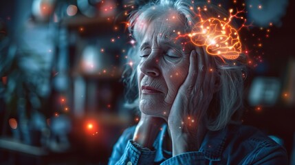 Adult woman has a headache. She sitting head in hands on dark black room.