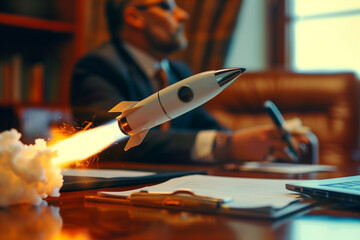 Rocket-Pen Soaring from Successful Businessman's Desk - Office Startup Concept, Thriving Business, Promising Future, and Soaring Ventures