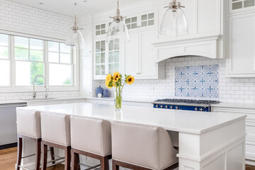 A luxury white kitchen with bar stools sitting at a large island, glass lights hanging from the ceiling, and a beautiful tiled backsplash. No brands or labels.