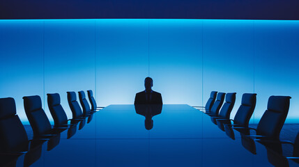 Solitude in Success: A Moment of Reflection - silhouette of a person in a meeting - obrazy, fototapety, plakaty