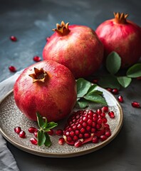 Pomegranates and a section on dark background with green leaves.