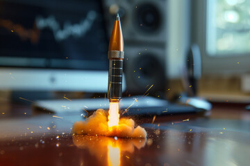 Rocket-Pen Soaring from Successful Businessman's Desk - Office Startup Concept, Thriving Business, Promising Future, and Soaring Ventures - obrazy, fototapety, plakaty